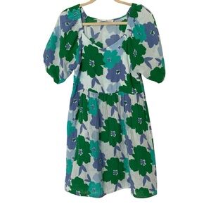 Michelle McDowell Blue/Green Floral Print Puff Sleeve Lightweight Cotton Dress